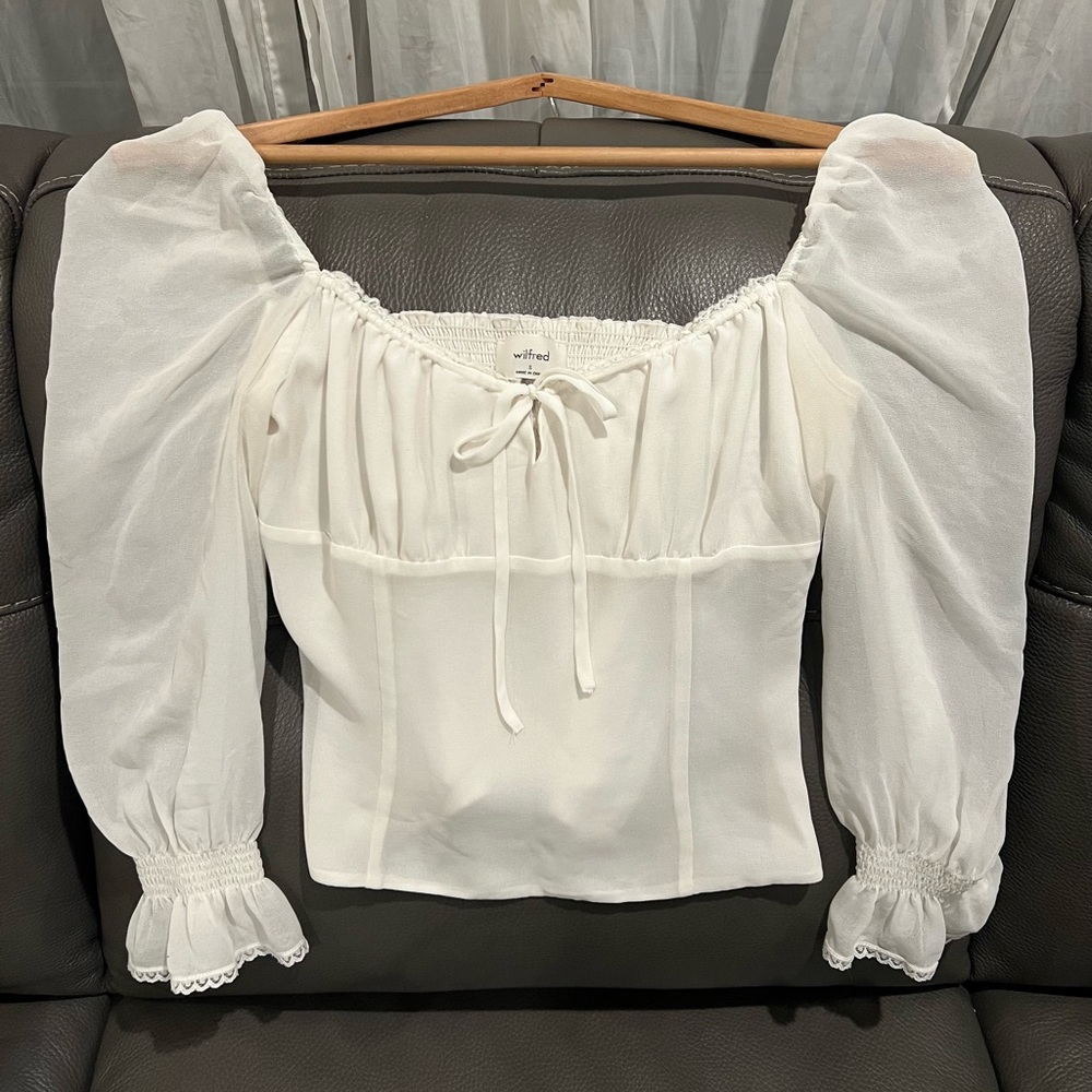 Aritzia Wilfred Long Ruffle Puff Sleeve Blouse, Tie Front, Size Small